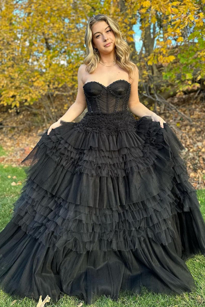 Averi | Zartrosa Tüll-Ballkleid mit Rüschenlagen und Schnürung am Rücken in A-Linie