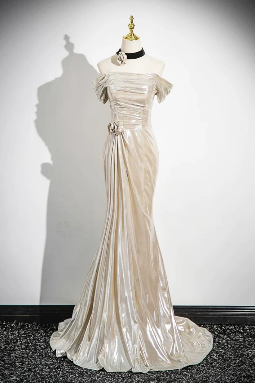 Vestido de fiesta de satén con hombros descubiertos color champán, corte sirena, Y8202