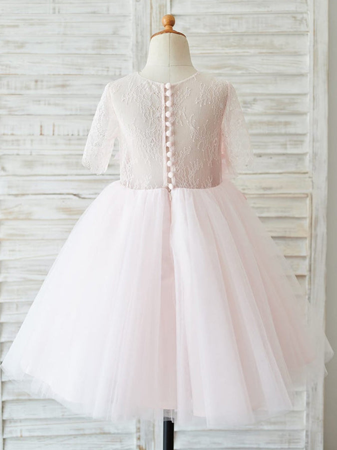 A-line 1/2 Sleeves Lace Tulle Knee-length 3D Flower Girl Dresses
