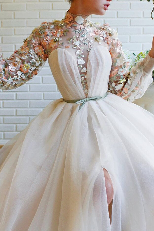 White Long Sleeves A-line High Neck Tulle Flower Mermaid Prom Dresses with Slit