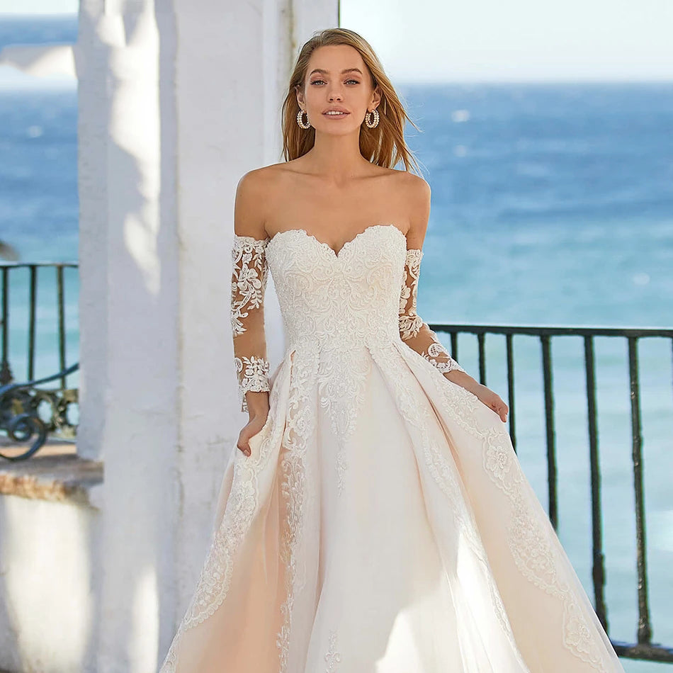 Word Wedding Dresses Women's Elegant Bohemian Beaded Sweetheart Princess Off Shoulder Long Sleeve Lace Applique Bride Gowns-payinti