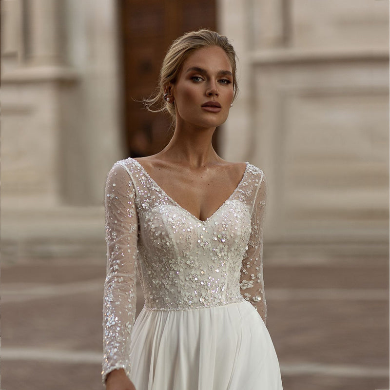 Modern Long Sleeve Wedding Dresses Simple Chiffon Lace Sequined Bridal Gowns Charming Backless A-Line vestidos de noiva-payinti