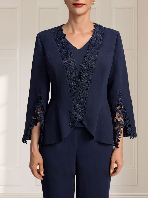 Separates Jumpsuit/Hosenanzug V-Ausschnitt Bodenlanges Chiffonkleid für die Brautmutter