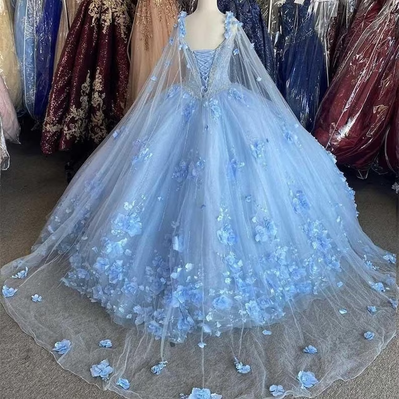 Light Blue Quinceanera Dresses Flowers Ball Gown Off Shoulder Lace Appliques 3d Floral Crystal Beads Long Sleeves Sweet 16 Dress Y759