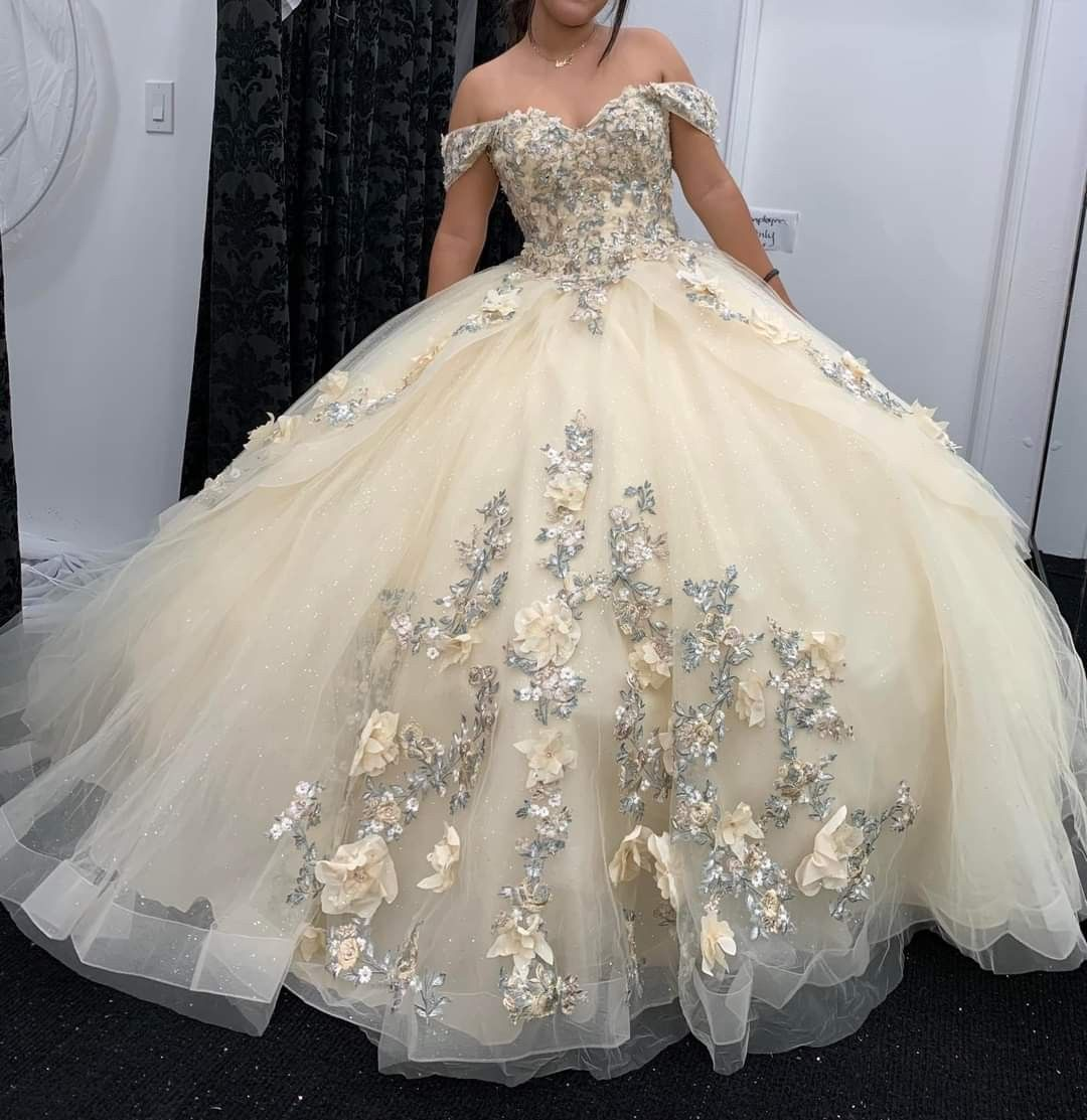 Schulterfreies Tüll-Ballkleid mit Applikationen, Sweet 16-Kleid, Y2462