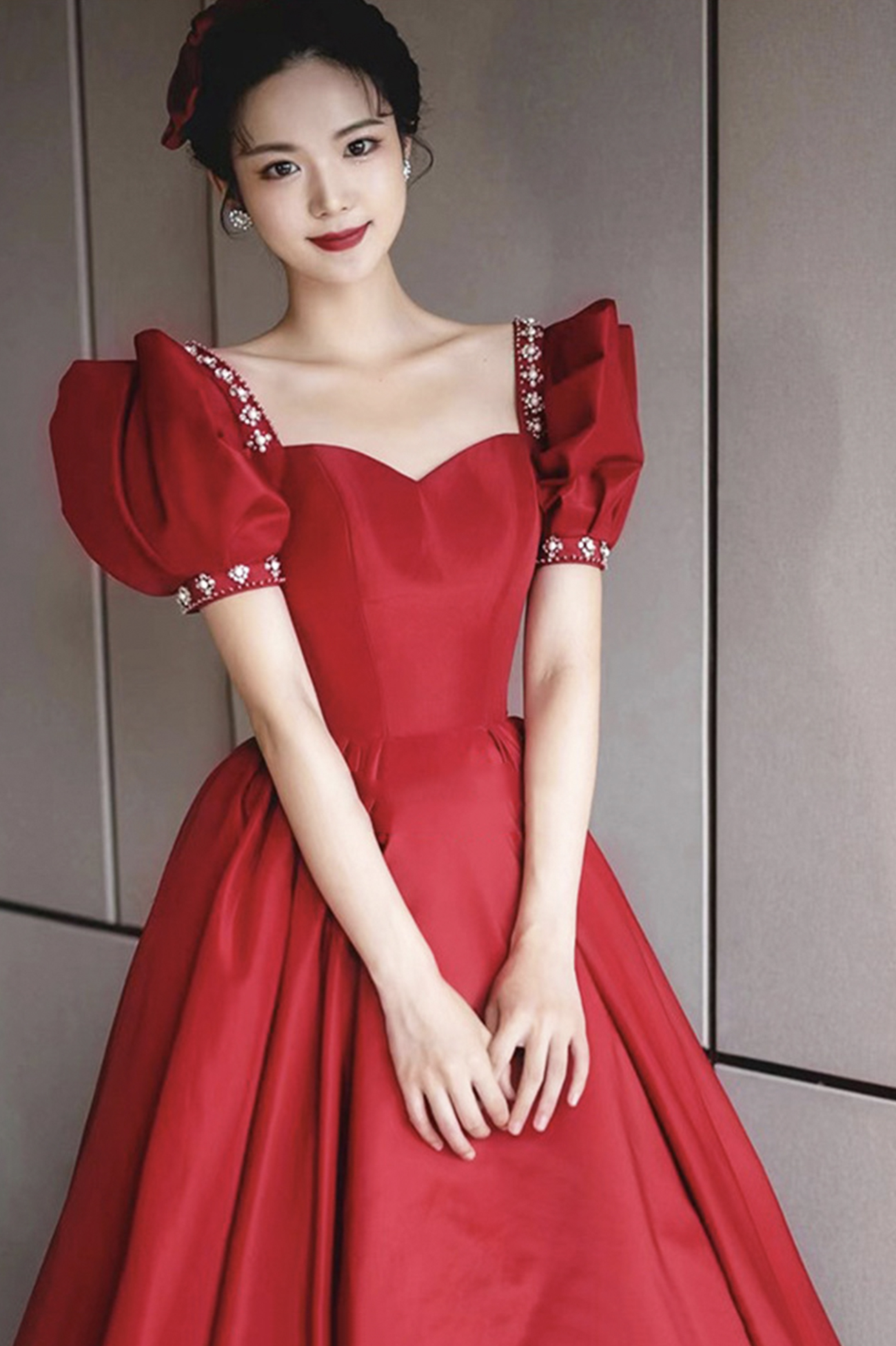 Vestido de fiesta largo de satén burdeos, corte A, vestido de noche Y1169