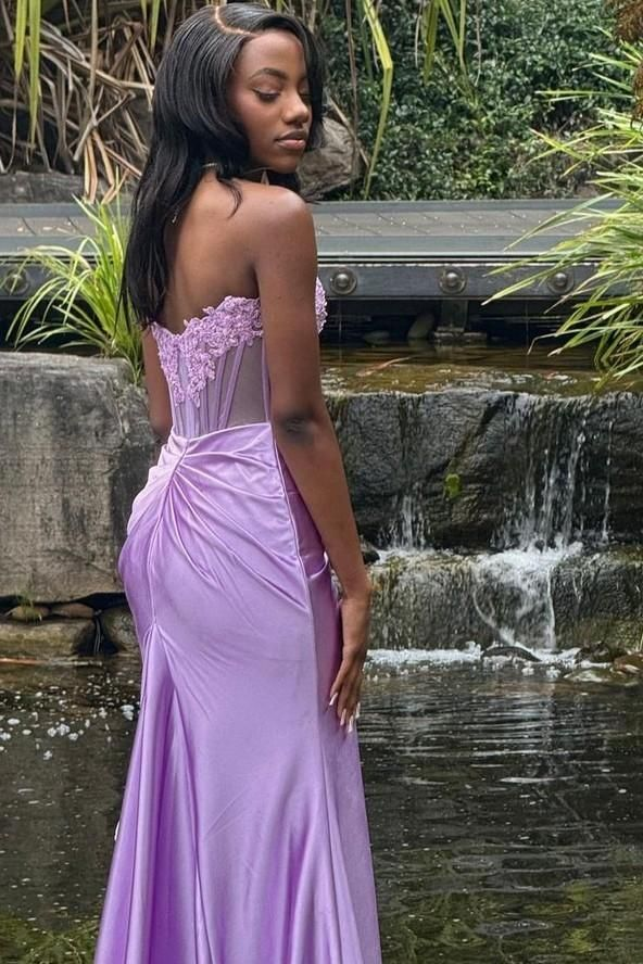Vestido de fiesta largo con apliques de encaje burdeos, encantador, sin tirantes, corte sirena, vestido de noche Y7883