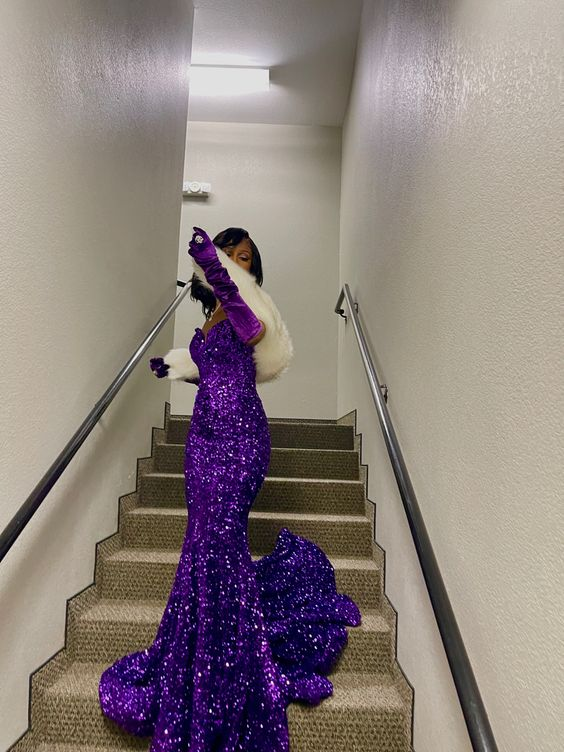 Vestido de noche estilo sirena con lentejuelas moradas brillantes, vestido glamuroso Y5834