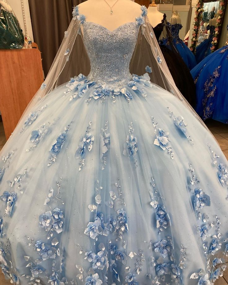 Ball Gown Light Blue Quinceanera Dresses 3D Flowers Sweet 16 Dress Y6569
