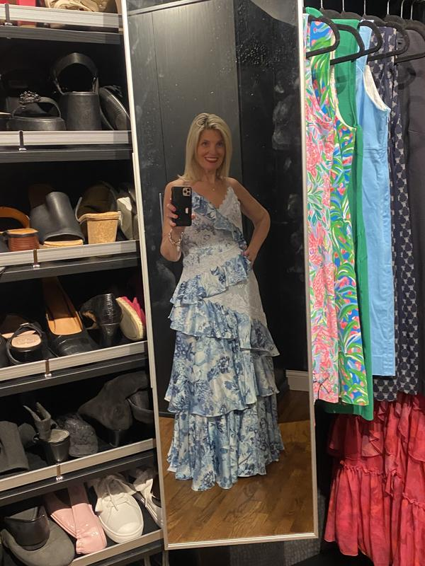 Hermoso vestido de noche azul sin mangas con escote en V, encaje y volantes, vestido formal de fiesta Y8460