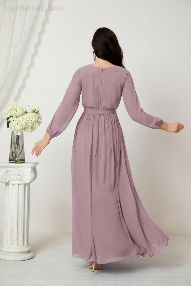 Sunnderly Abendkleider, tiefer V-Ausschnitt, Chiffon, Brautjungfernkleider, lange Bischofsärmel, seitlicher Schlitz, formelles Kleid, SY2806