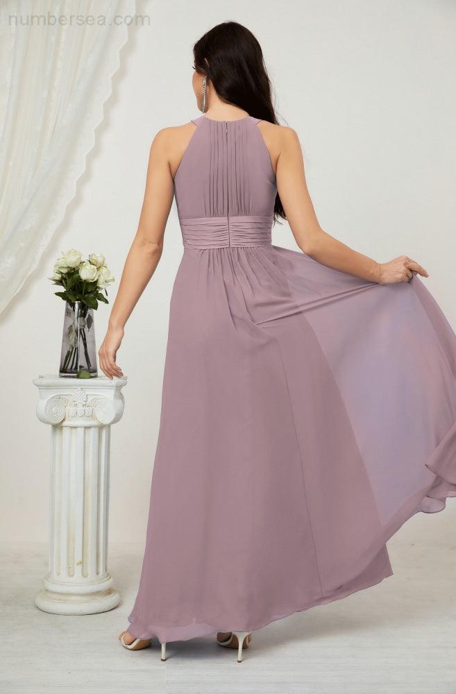 Sunnderly Formales Partykleid Chiffon Neckholder Lange Ärmellose Brautjungfernkleider SY2802