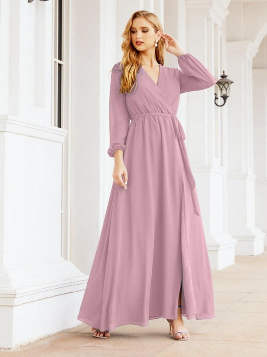 Sunnderly Damen Chiffon Brautjungfernkleid A-Linie Lange Ärmel Formales Abendkleid Ballkleid für Hochzeitsgäste SY28032