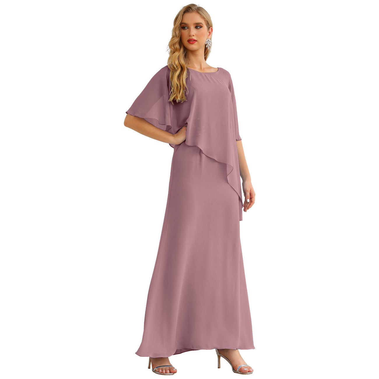 Sunnderly Chiffon Plus Size Mother of The Bride Dresses Formal Prom Gown Ruffle Cape