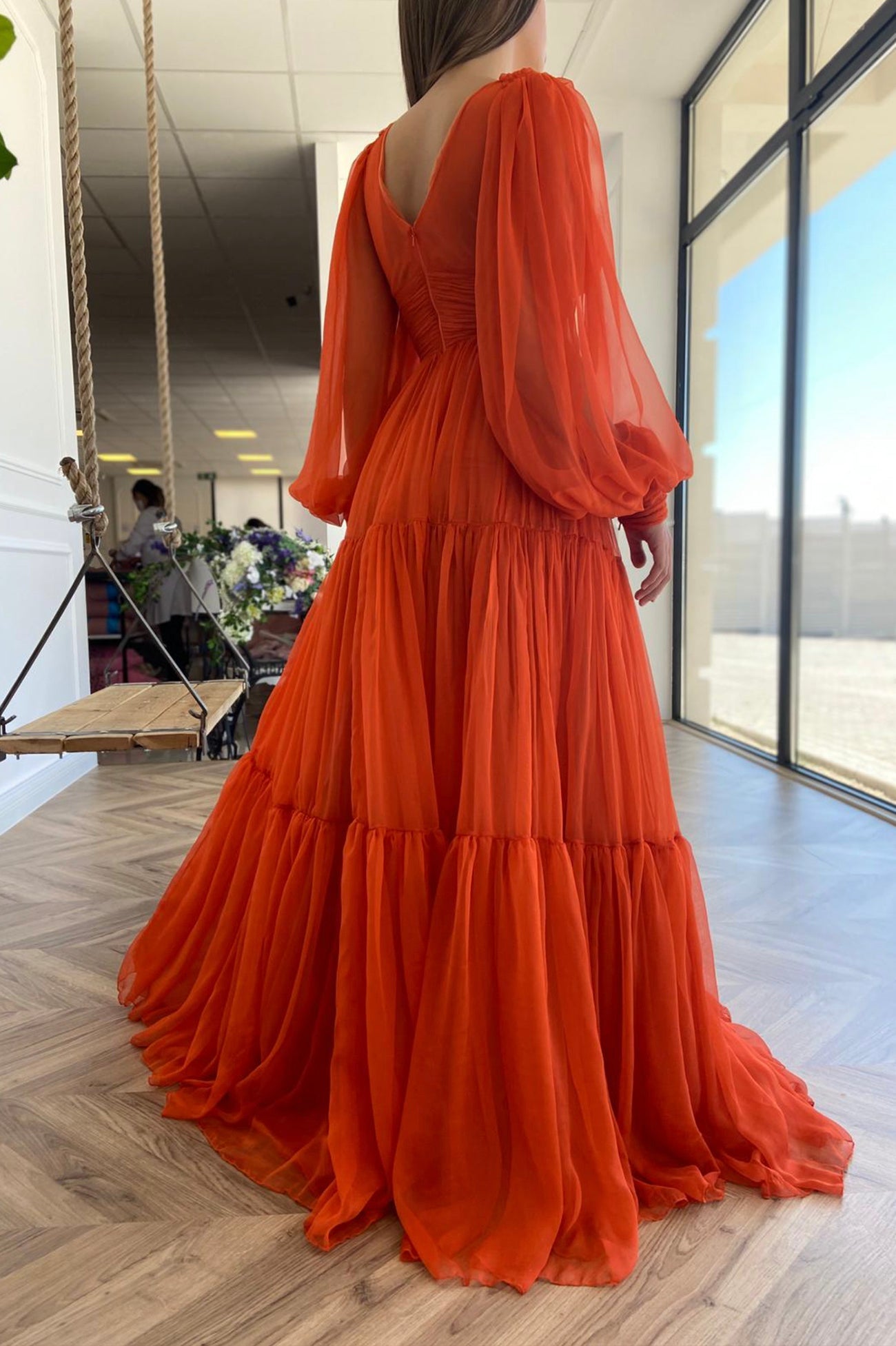 Iyla | Orange Chiffon Bodenlanges Ballkleid, Langarm Abendkleid