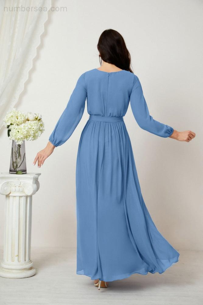 Sunnderly Abendkleider, tiefer V-Ausschnitt, Chiffon, Brautjungfernkleider, lange Bischofsärmel, seitlicher Schlitz, formelles Kleid, SY2806