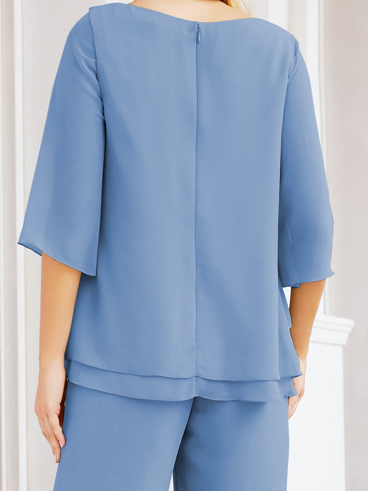 Sunnderly Elegant 2 Piece Mother of The Bride Dress Plus Size Pant Suits Ruffle Layers Sliver Housecoat SY28064