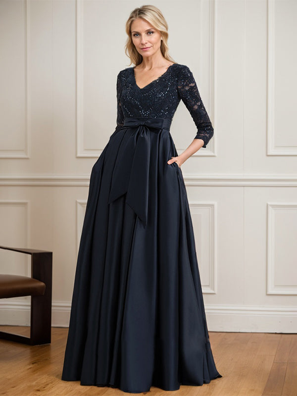A-Linie V-Ausschnitt Bodenlanges Satin-Spitzenkleid für die Brautmutter mit Paillettenschleife