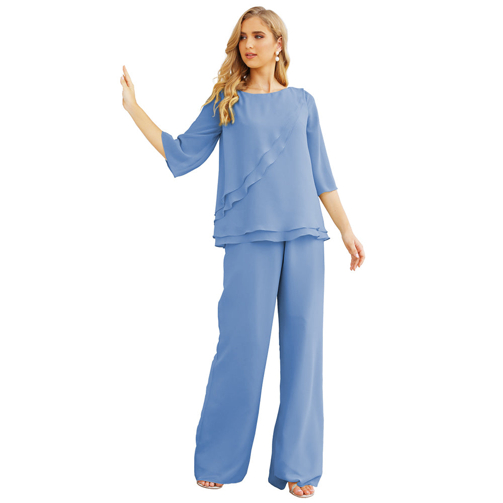 Sunnderly Chiffon Mother of The Bride Dress Plus Size Pant Suits Ruffle Layers