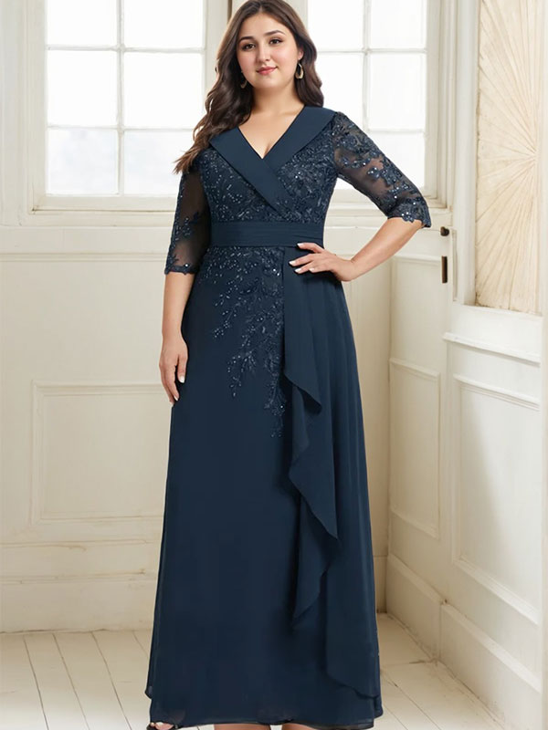 A-Linien-Kleid mit Kragen, V-Ausschnitt, bodenlanges Chiffon-Spitzenkleid für die Brautmutter mit Pailletten und kaskadierenden Rüschen