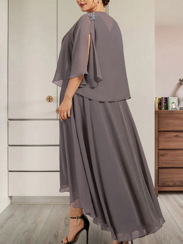 A-Linien-Kleid mit V-Ausschnitt, asymmetrischem Chiffon für die Brautmutter mit Perlen und Pailletten