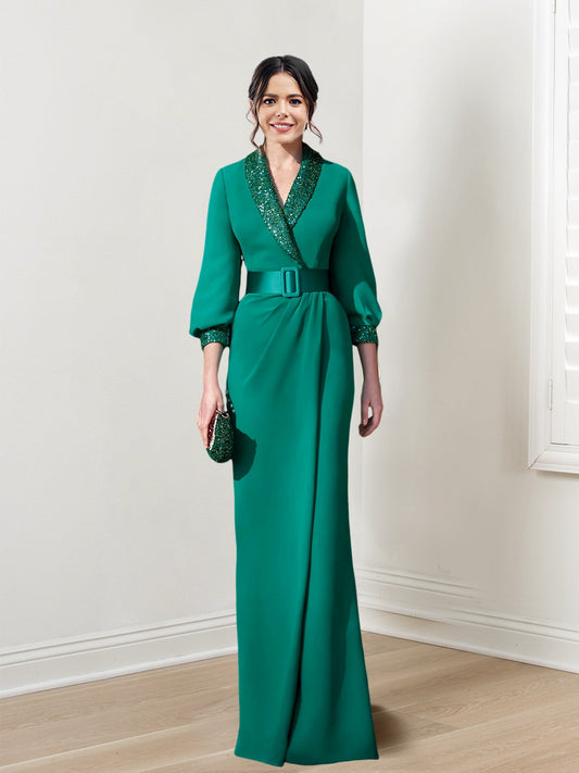 Etui-Linie/Säule V-Ausschnitt Lange Ärmel Kleider für die Brautmutter mit Gürtel