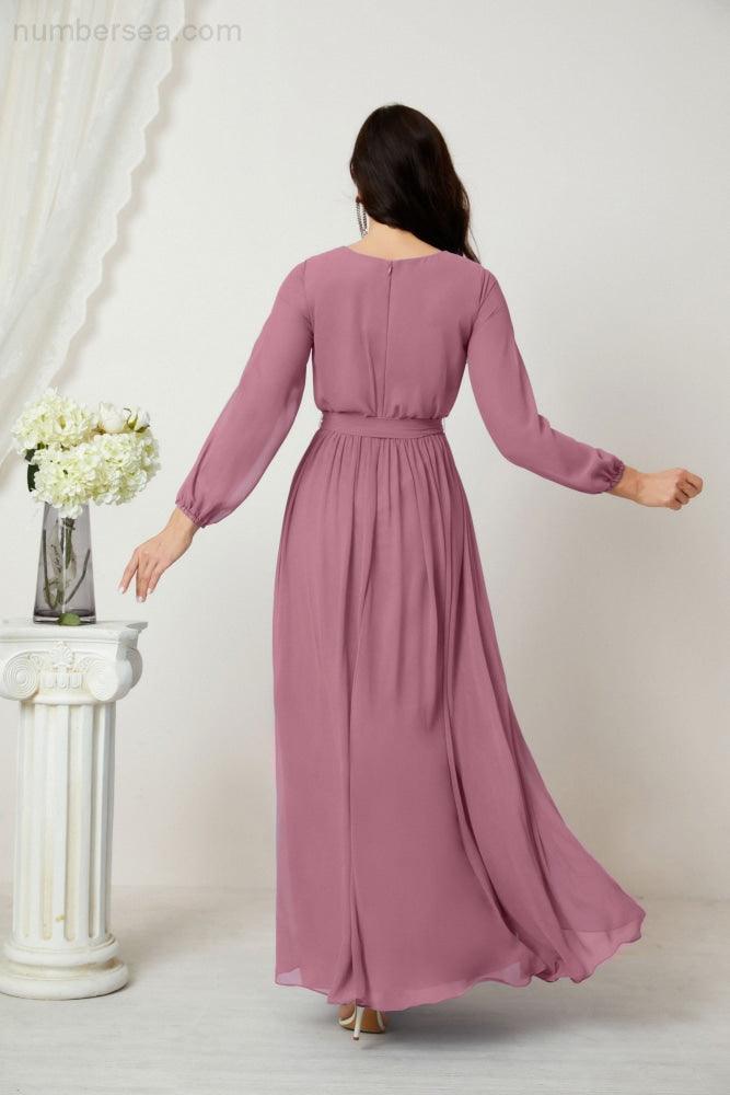 Sunnderly Abendkleider, tiefer V-Ausschnitt, Chiffon, Brautjungfernkleider, lange Bischofsärmel, seitlicher Schlitz, formelles Kleid, SY2806