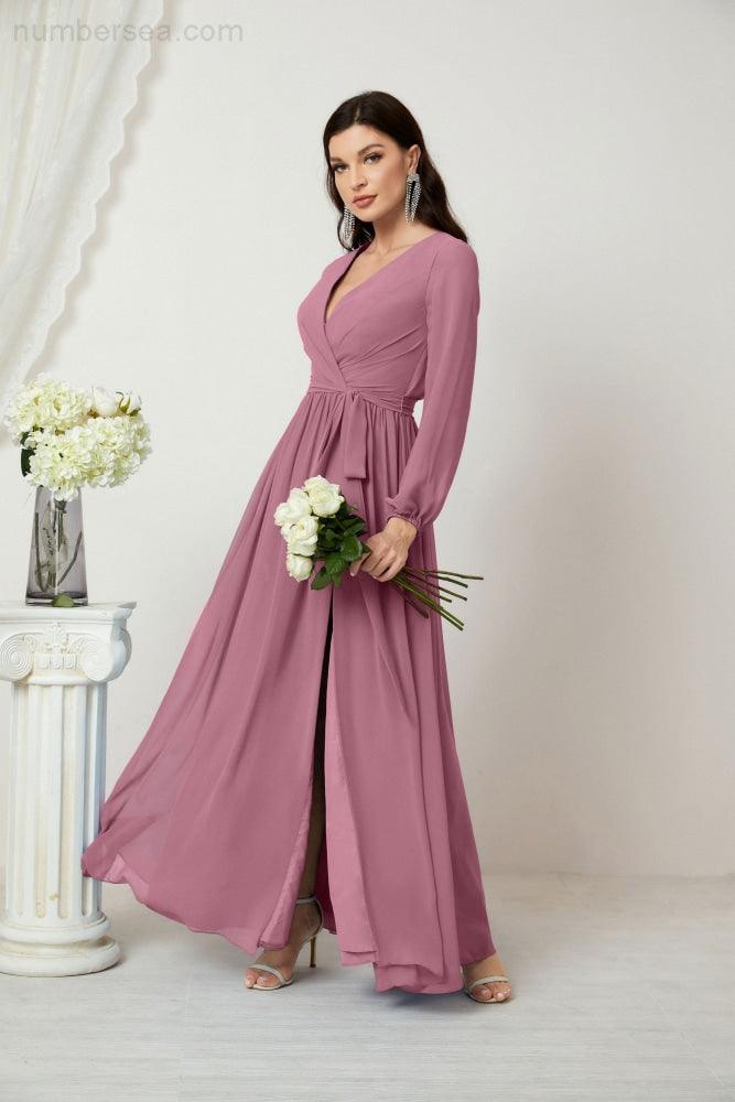 Sunnderly Abendkleider, tiefer V-Ausschnitt, Chiffon, Brautjungfernkleider, lange Bischofsärmel, seitlicher Schlitz, formelles Kleid, SY2806
