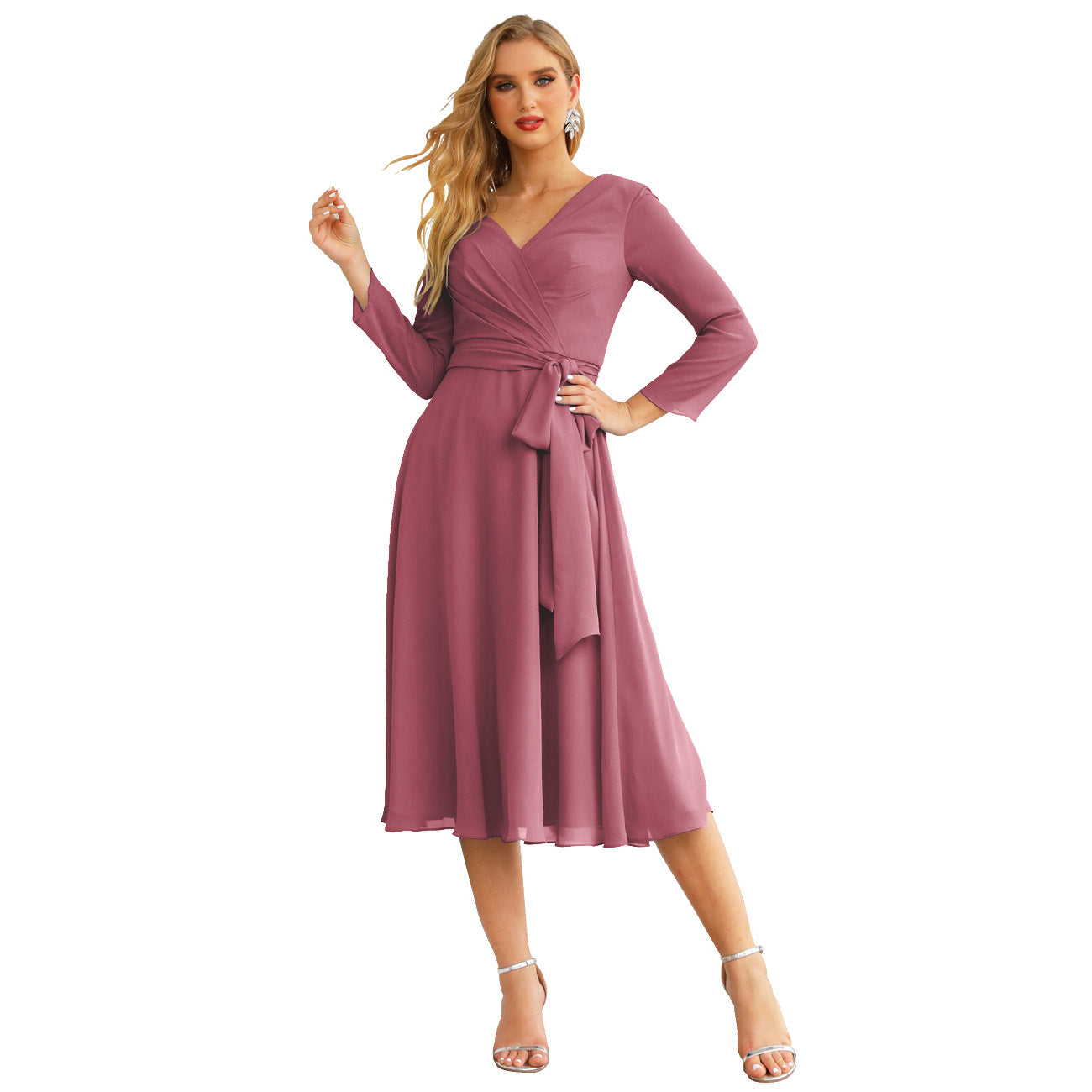 Sunnderly Chiffon Bridesmaid Dress V-Back Waist Belt Formal Prom Gown Mother of The Bride Wedding Guest