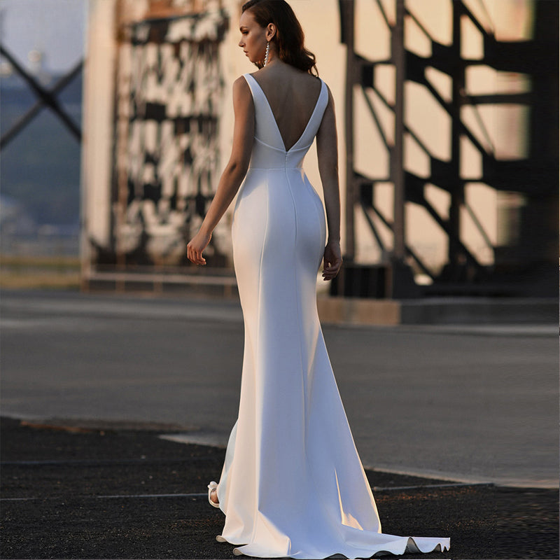 Sexy Mermaid Strapless Wedding Dresses Simple Satin Sleeveless Bridal Gown Elegant V-Neck Backless Beach Vestido De Novia-payinti