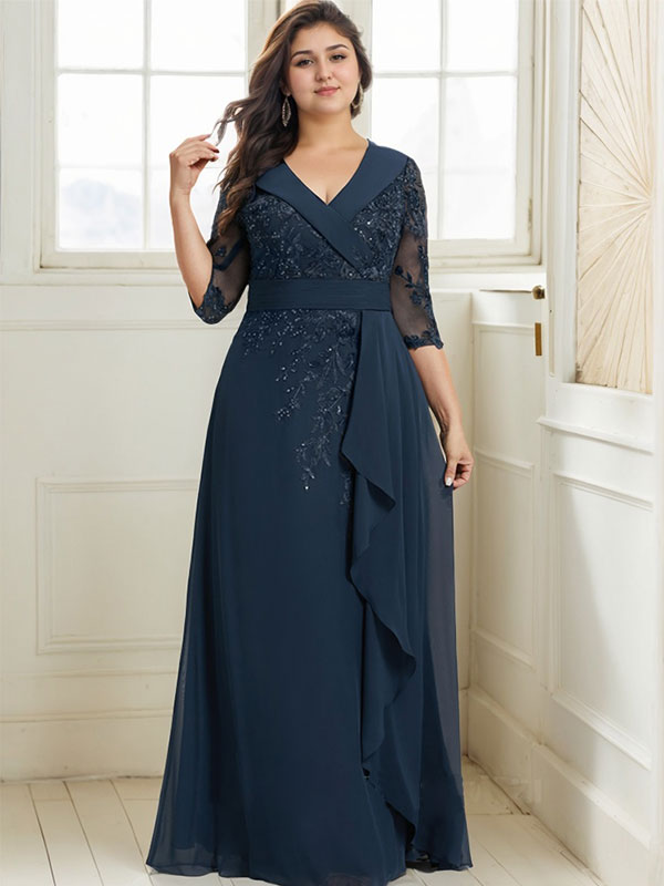 A-Linien-Kleid mit Kragen, V-Ausschnitt, bodenlanges Chiffon-Spitzenkleid für die Brautmutter mit Pailletten und kaskadierenden Rüschen