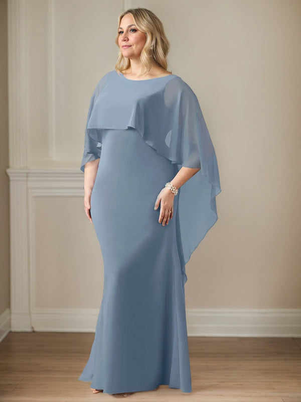 Bodenlanges Etui-Kleid aus Chiffon mit U-Ausschnitt und kaskadierenden Rüschen