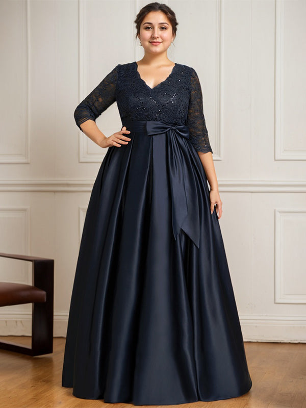 A-Linie V-Ausschnitt Bodenlanges Satin-Spitzenkleid für die Brautmutter mit Paillettenschleife
