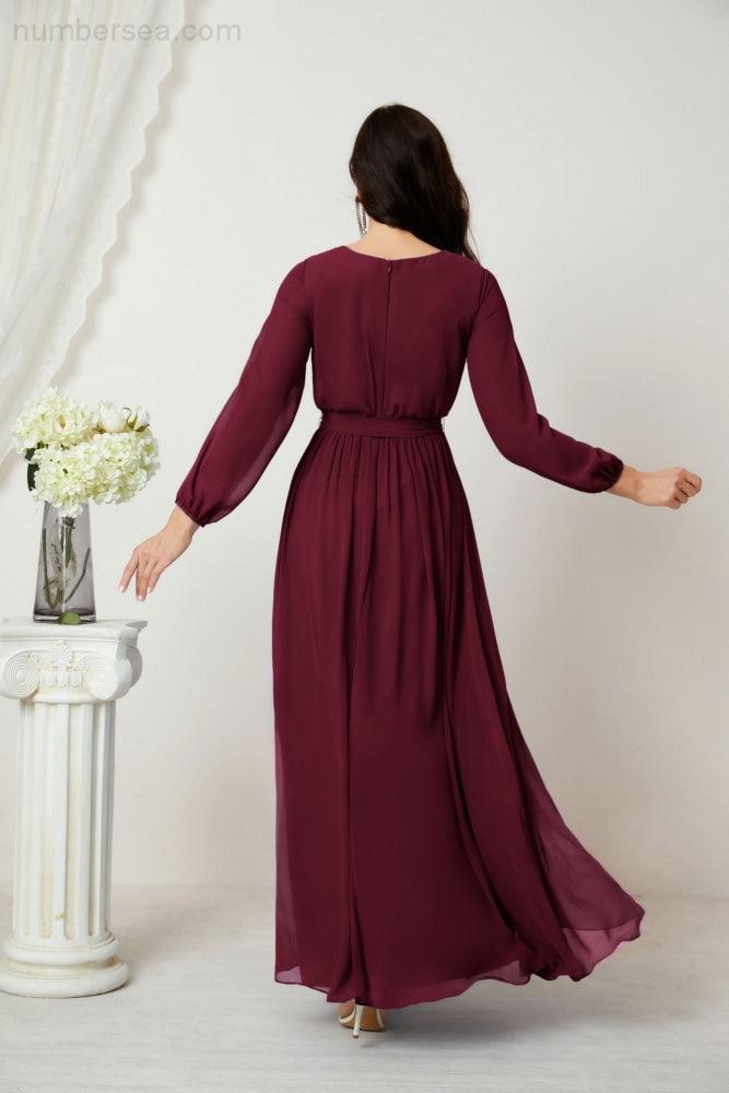 Sunnderly Abendkleider, tiefer V-Ausschnitt, Chiffon, Brautjungfernkleider, lange Bischofsärmel, seitlicher Schlitz, formelles Kleid, SY2806