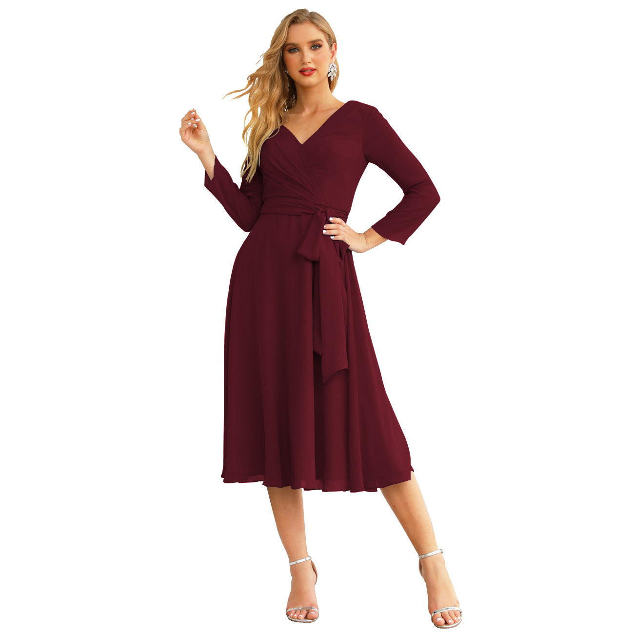 Sunnderly Chiffon Bridesmaid Dress V-Back Waist Belt Formal Prom Gown Mother of The Bride Wedding Guest
