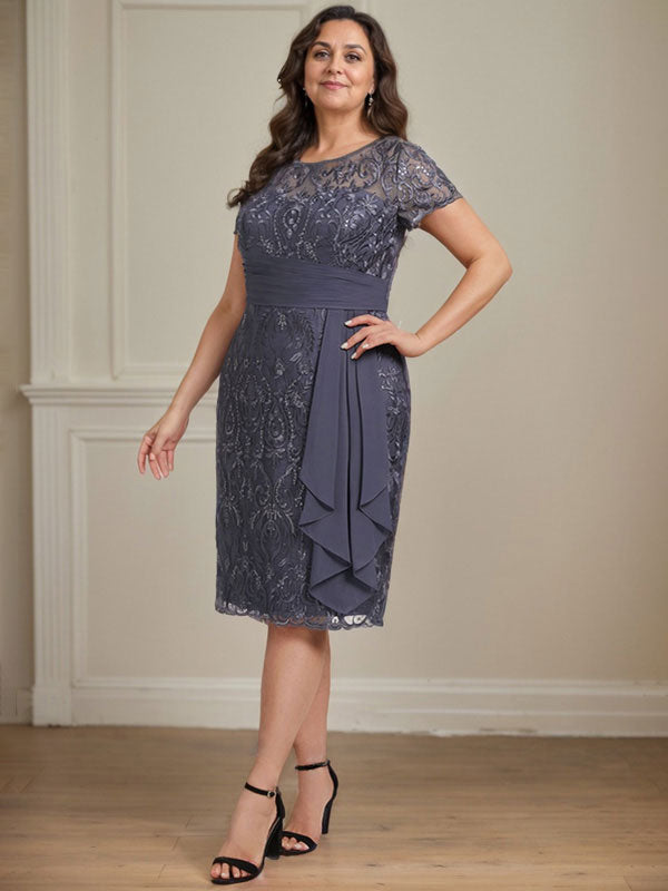 Sheath/Column Scoop Illusion Knee-Length Lace Chiffon Mother of the Bride Dress With Cascading Ruffles Sequins