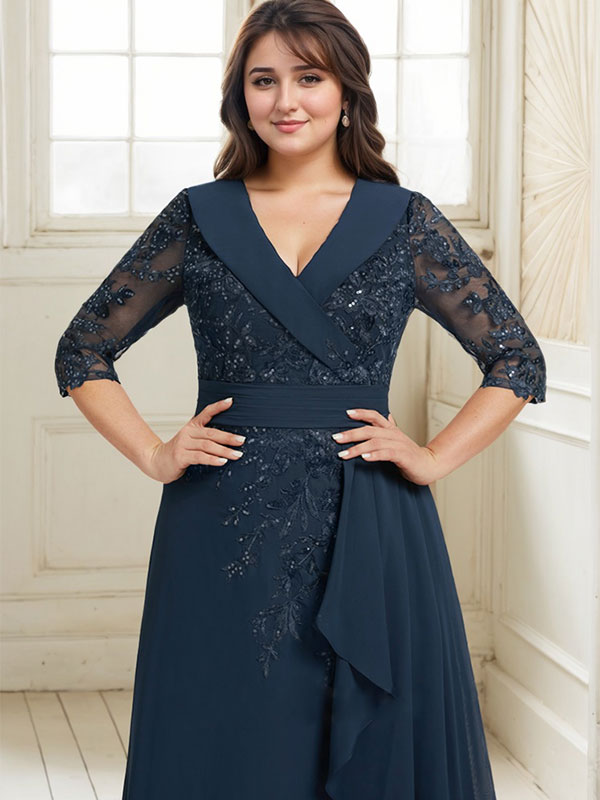 A-Linien-Kleid mit Kragen, V-Ausschnitt, bodenlanges Chiffon-Spitzenkleid für die Brautmutter mit Pailletten und kaskadierenden Rüschen