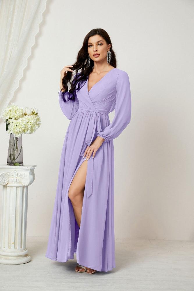 Sunnderly Evening Dresses Deep V-Neck Chiffon Bridesmaid Dresses Long Bishop Sleeve Side Split Formal Dress SY2806