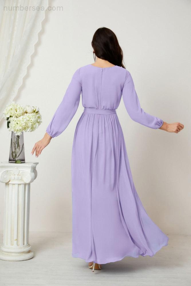 Sunnderly Abendkleider, tiefer V-Ausschnitt, Chiffon, Brautjungfernkleider, lange Bischofsärmel, seitlicher Schlitz, formelles Kleid, SY2806