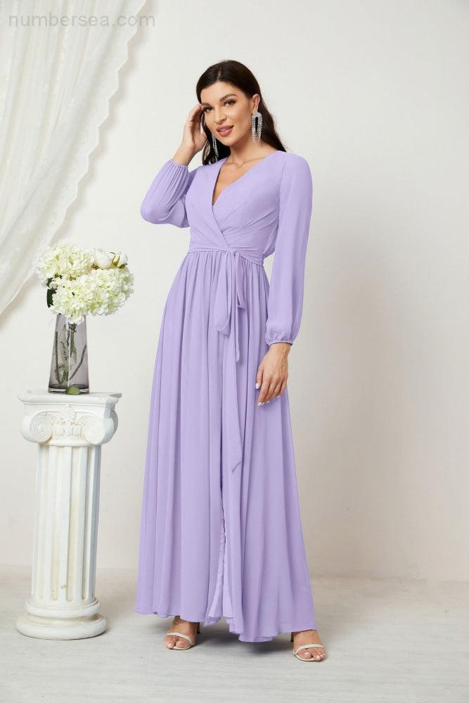 Sunnderly Evening Dresses Deep V-Neck Chiffon Bridesmaid Dresses Long Bishop Sleeve Side Split Formal Dress SY2806