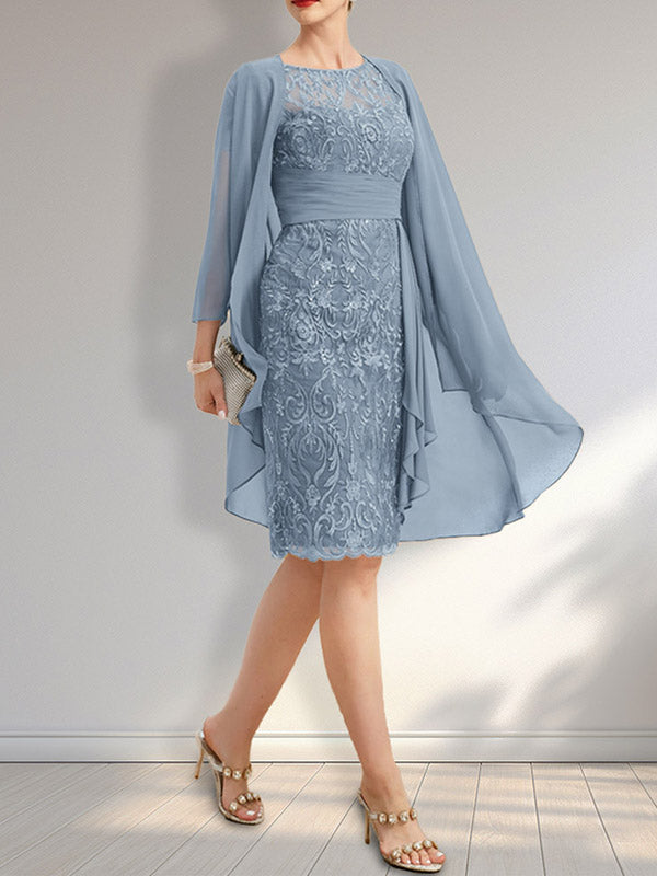 Vestido de madre de la novia de gasa con encaje, escote redondo, ilusión, largo hasta la rodilla, con volantes en cascada y lentejuelas