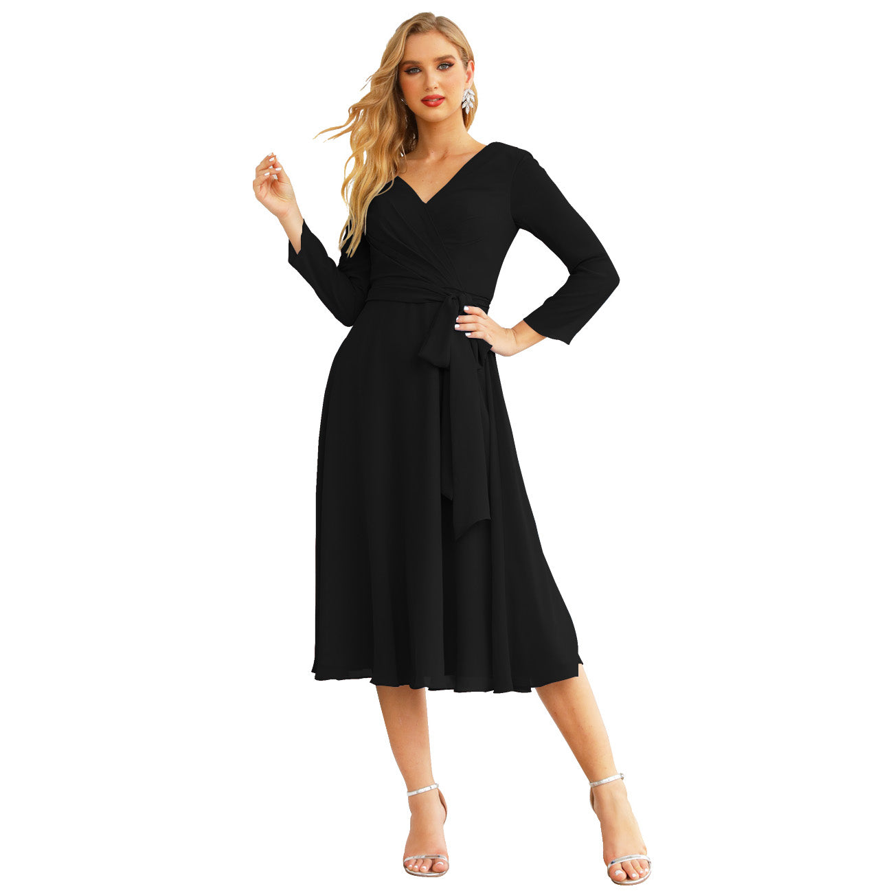 Sunnderly Chiffon Bridesmaid Dress V-Back Waist Belt Formal Prom Gown Mother of The Bride Wedding Guest