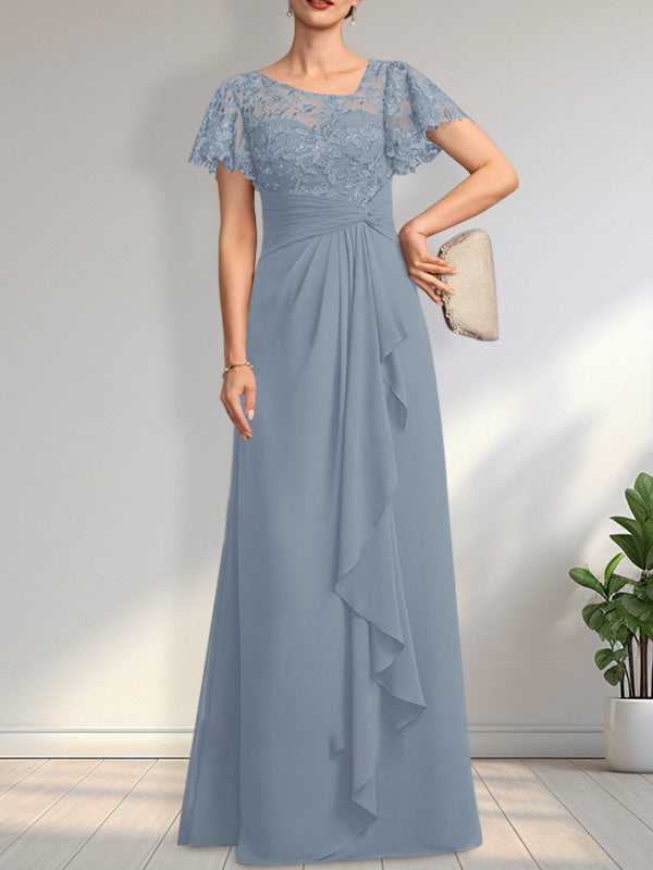 A-Linie, asymmetrisch, Illusion, bodenlang, Spitzen-Chiffon, Kleid für die Brautmutter mit kaskadierenden Rüschen und Pailletten