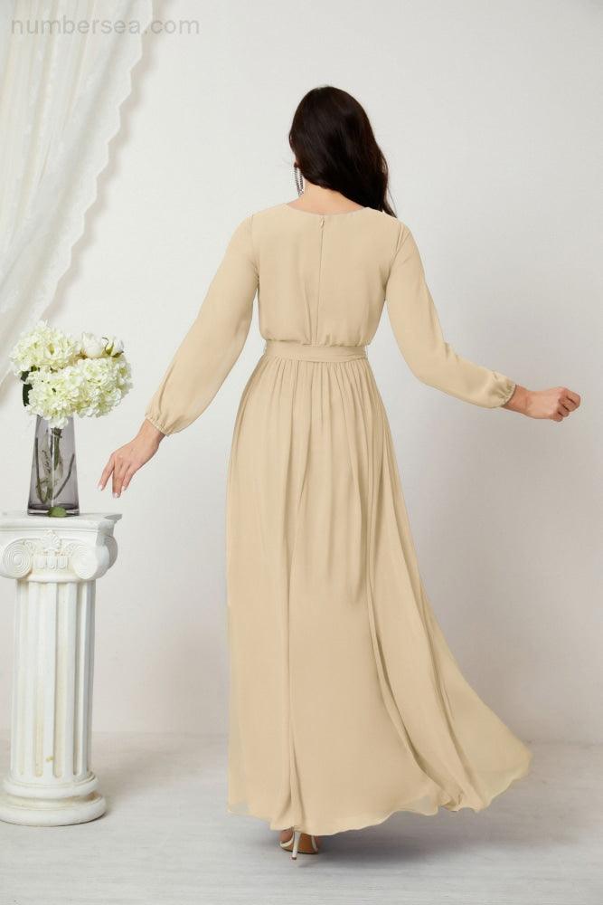 Sunnderly Abendkleider, tiefer V-Ausschnitt, Chiffon, Brautjungfernkleider, lange Bischofsärmel, seitlicher Schlitz, formelles Kleid, SY2806