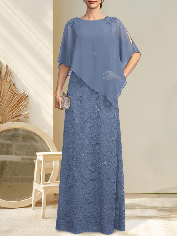 Etui-Linie U-Ausschnitt Bodenlang Chiffon Spitze Kleid für die Brautmutter mit Pailletten Perlenbesatz