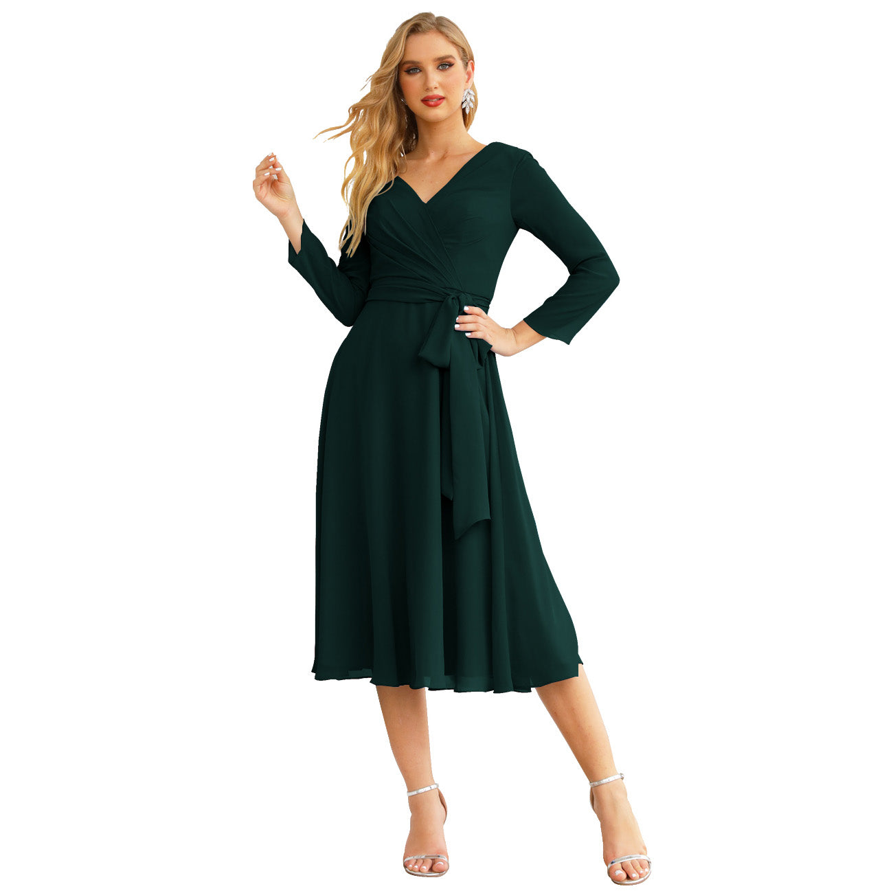 Sunnderly Chiffon Bridesmaid Dress V-Back Waist Belt Formal Prom Gown Mother of The Bride Wedding Guest