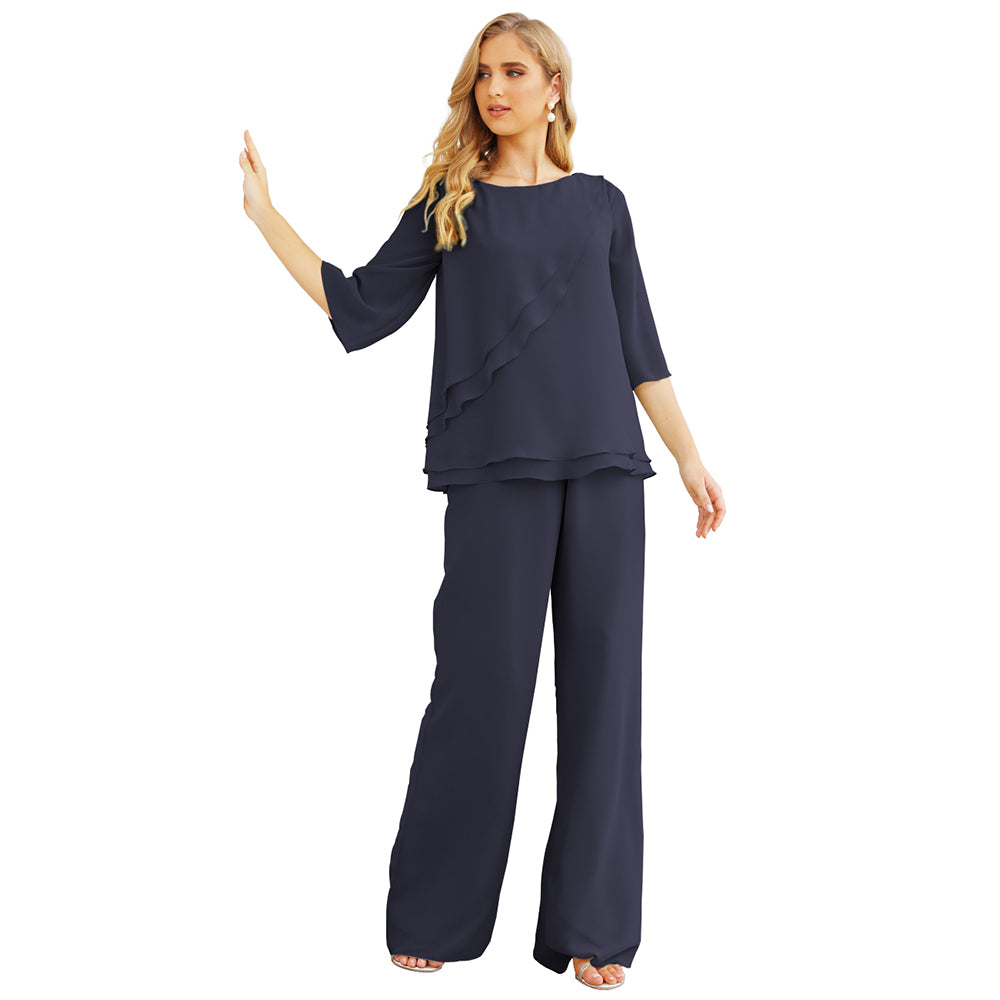 Sunnderly Chiffon Mother of The Bride Dress Plus Size Pant Suits Ruffle Layers
