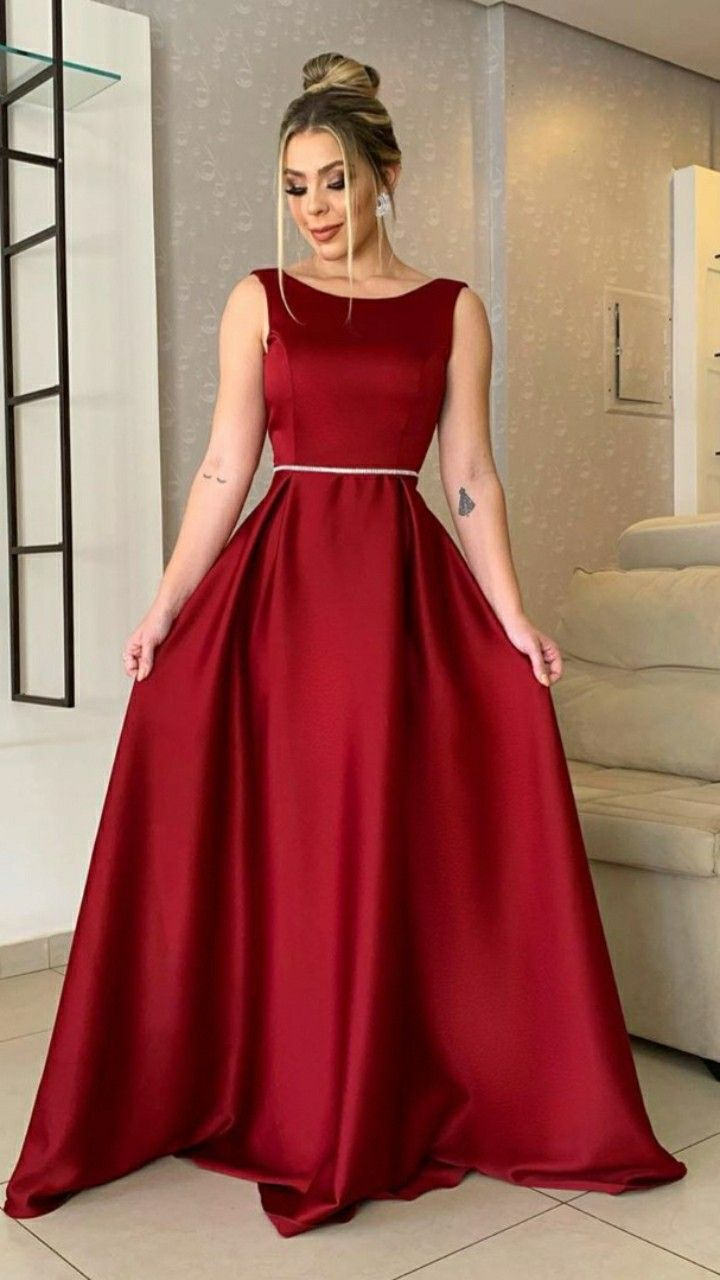 Vestidos de fiesta largos de satén con escote redondo para mujer, color burdeos, vestidos formales de noche para boda Y5148