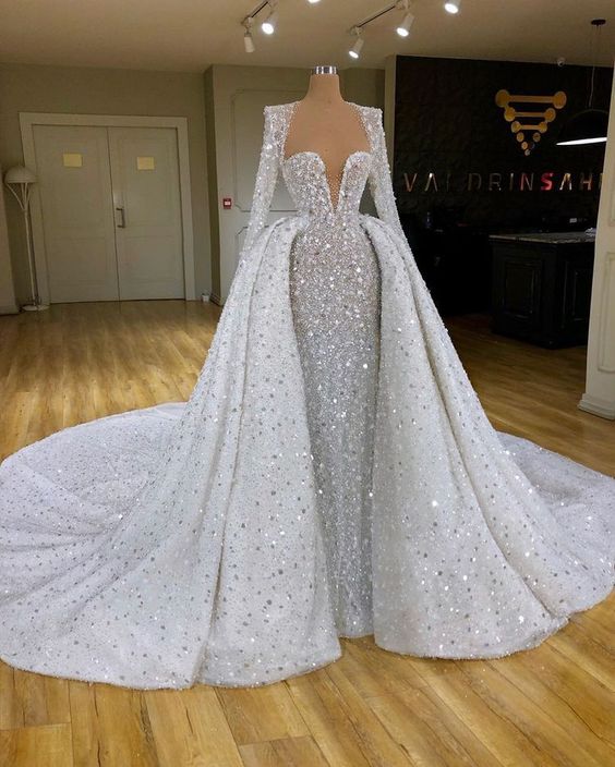 Sexy Schatz Plus Size Meerjungfrau Brautkleider mit Zügen Perlen Pailletten Langarm Brautkleider Neue Ankunft Abendkleid Y51