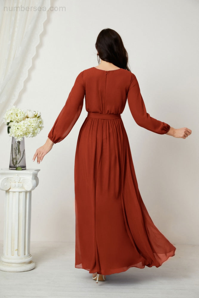 Sunnderly Abendkleider, tiefer V-Ausschnitt, Chiffon, Brautjungfernkleider, lange Bischofsärmel, seitlicher Schlitz, formelles Kleid, SY2806